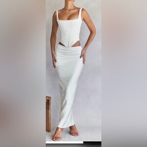 House of CB London Colette Ivory Satin Bias Cut Midi Skirt NWOT